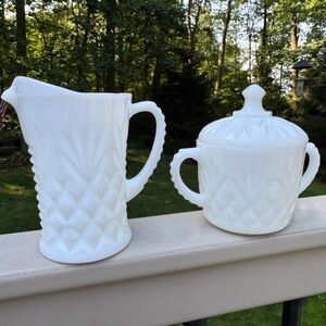 Cut Milk Glass Lidded Creamer and Sugar Set Vintage